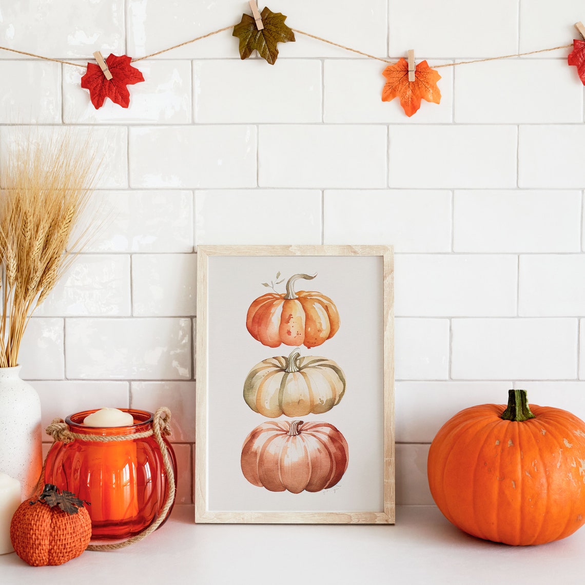 Stacked Watercolor Pumpkins Rustic Orange Cream Fall Wall Art Print - Image 3