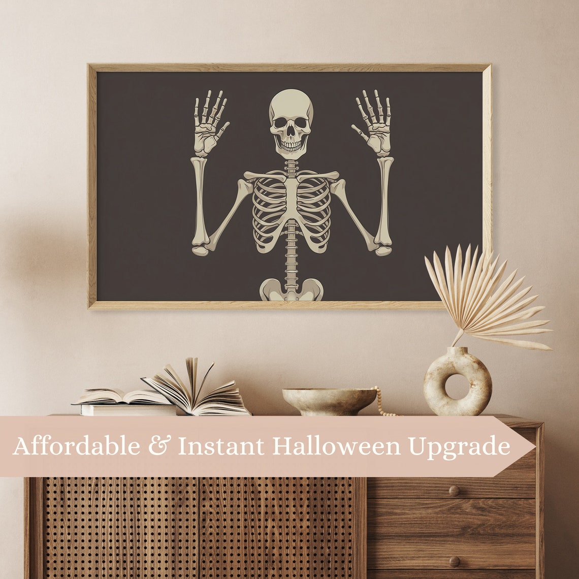 Smiling Skeleton With Raised Hands Modern Halloween Spooky Goth Poster - Image 3