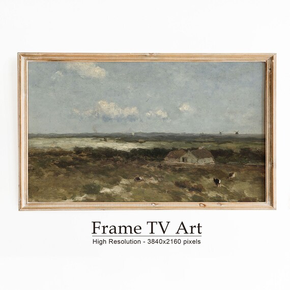 Muted Moorland Cottage Cattle Distant Windmills Vintage Countryside Poster