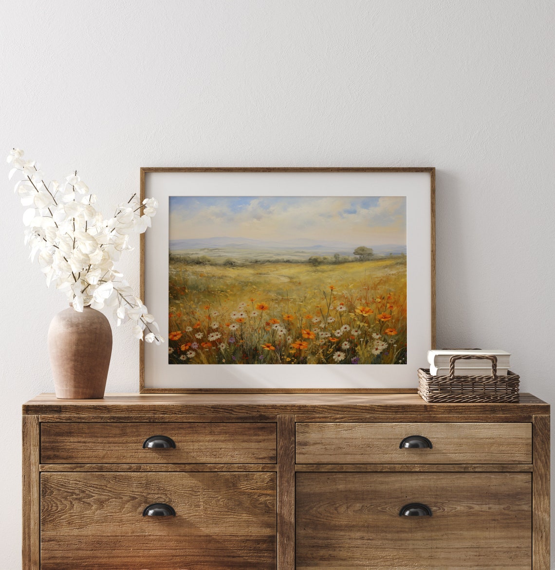 Golden Meadow Orange Poppies White Daisies Distant Hills Oil Print - Image 3