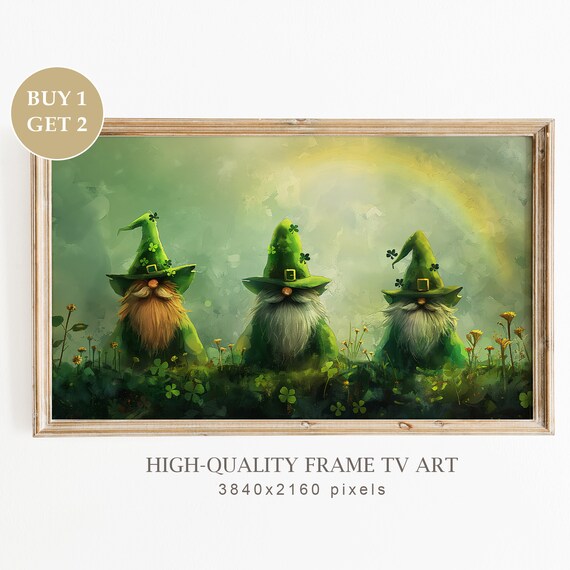 Three Leprechaun Gnomes Green Hats Rainbow Field St Patricks Poster