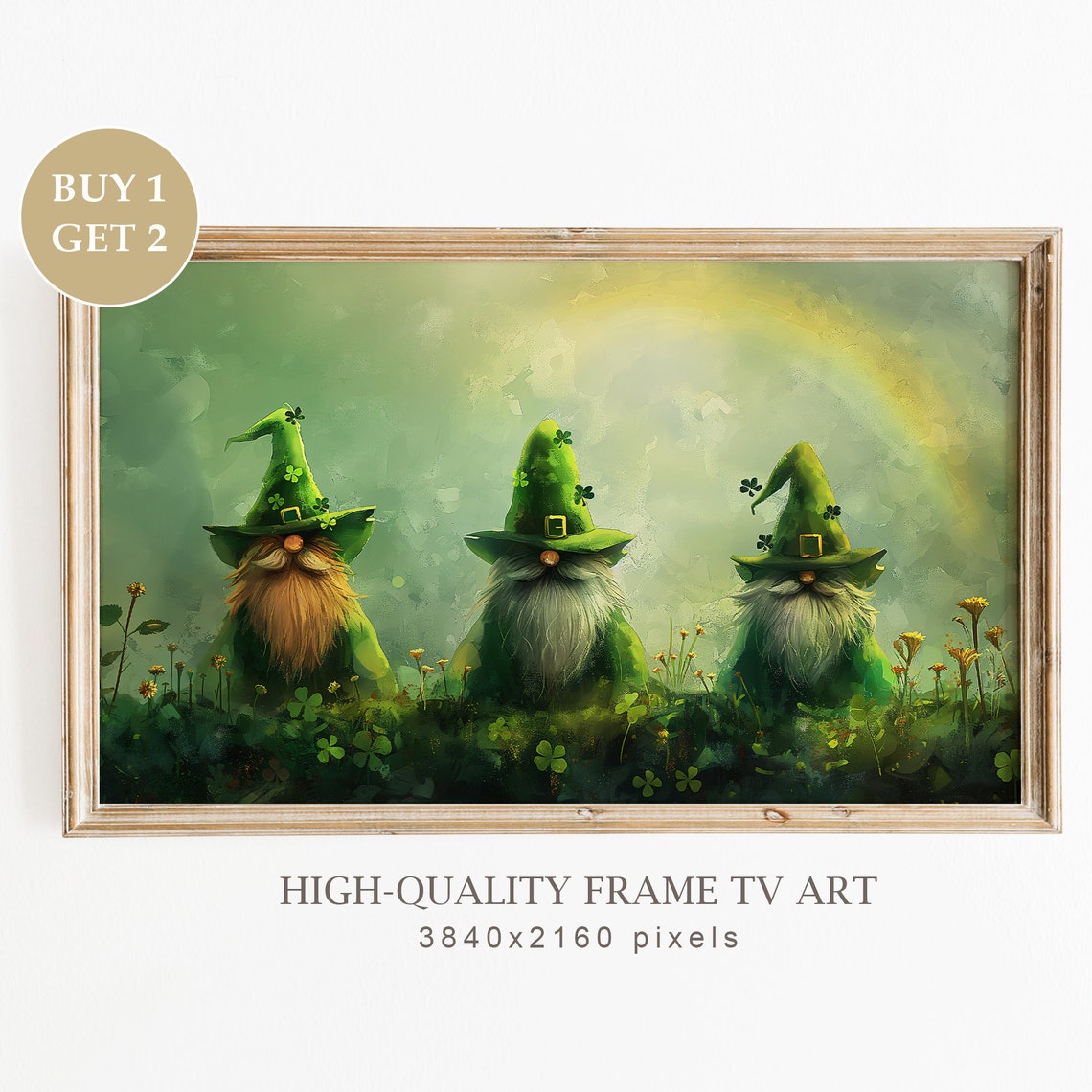 Three Leprechaun Gnomes Green Hats Rainbow Field St Patricks Poster