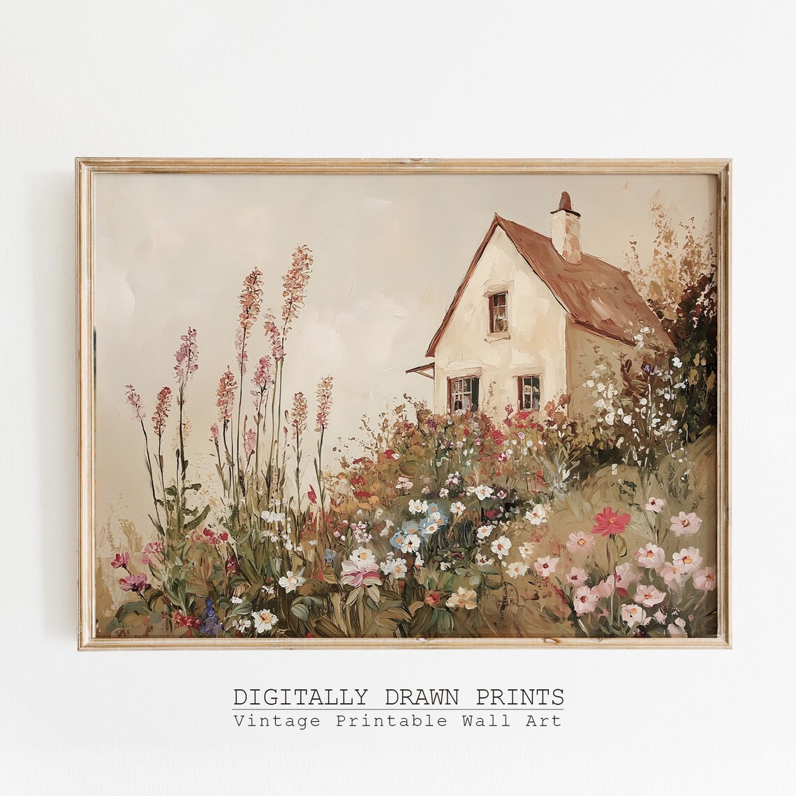 Spring Cottage Vintage Landscape Art Print, Rustic Farmhouse