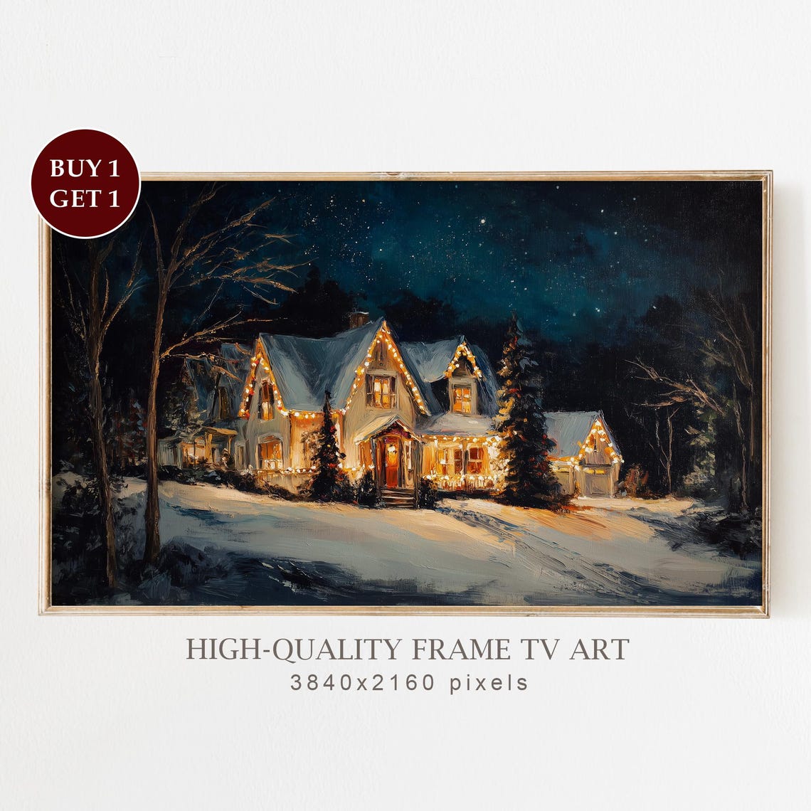 Christmas Cottage Winter Night Twinkling Lights Snowy Holiday Poster