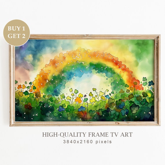 St Patricks Rainbow Clovers Frame Tv Art St Patricks Day Art For Frame Tv Painting Of Clovers Shamrock Watercolor Art