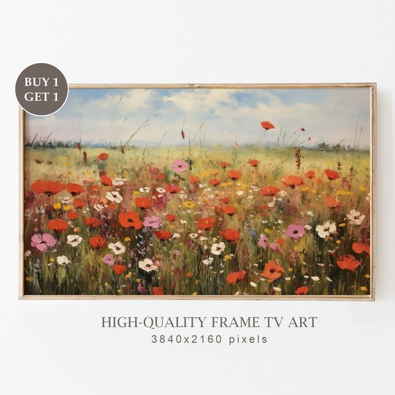 Wildflower Meadow Red Poppies Blue Sky Spring Field Oil Print