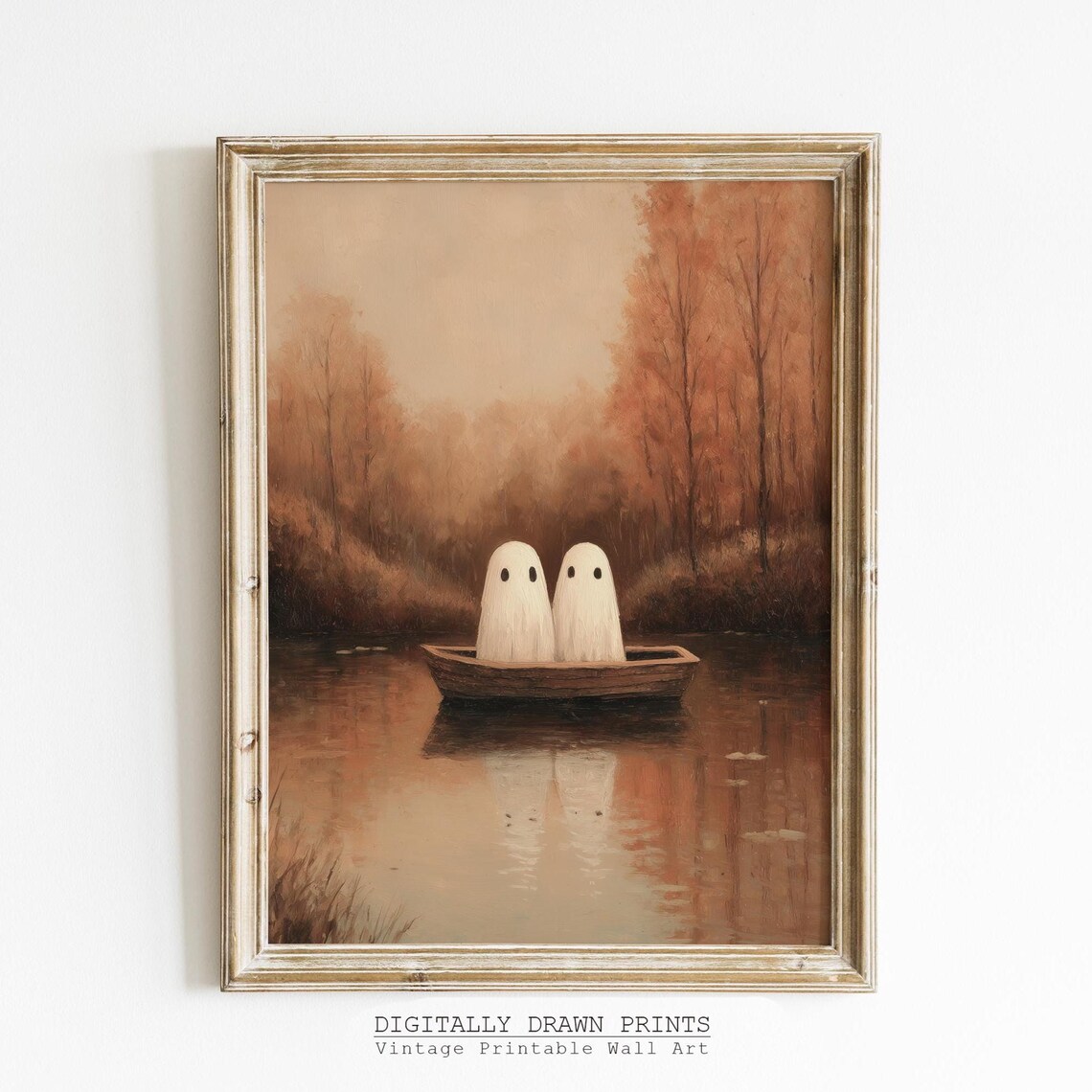 Vintage Halloween Wall Art Cute Ghosts In Autumn Landscape Cozy Fall Spooky Painting For Rustic Decor