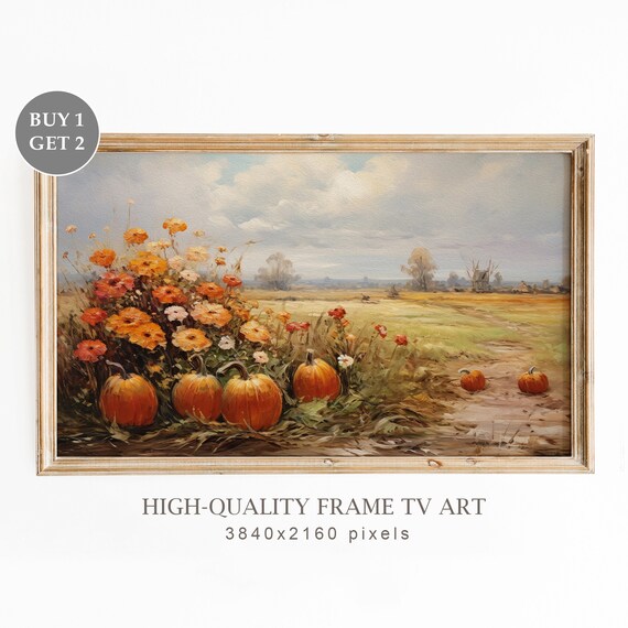 Pumpkins Among Orange Wildflowers In Golden Autumn Field Fall Art Print