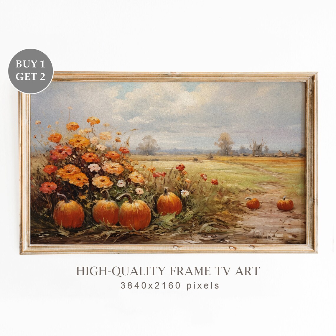 Pumpkins Among Orange Wildflowers In Golden Autumn Field Fall Art Print