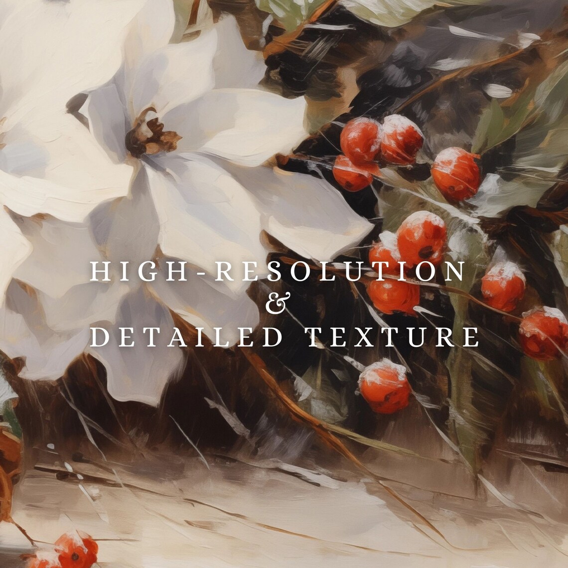 White Poinsettia Pinecones Red Berries Christmas Floral Art Poster - Image 2