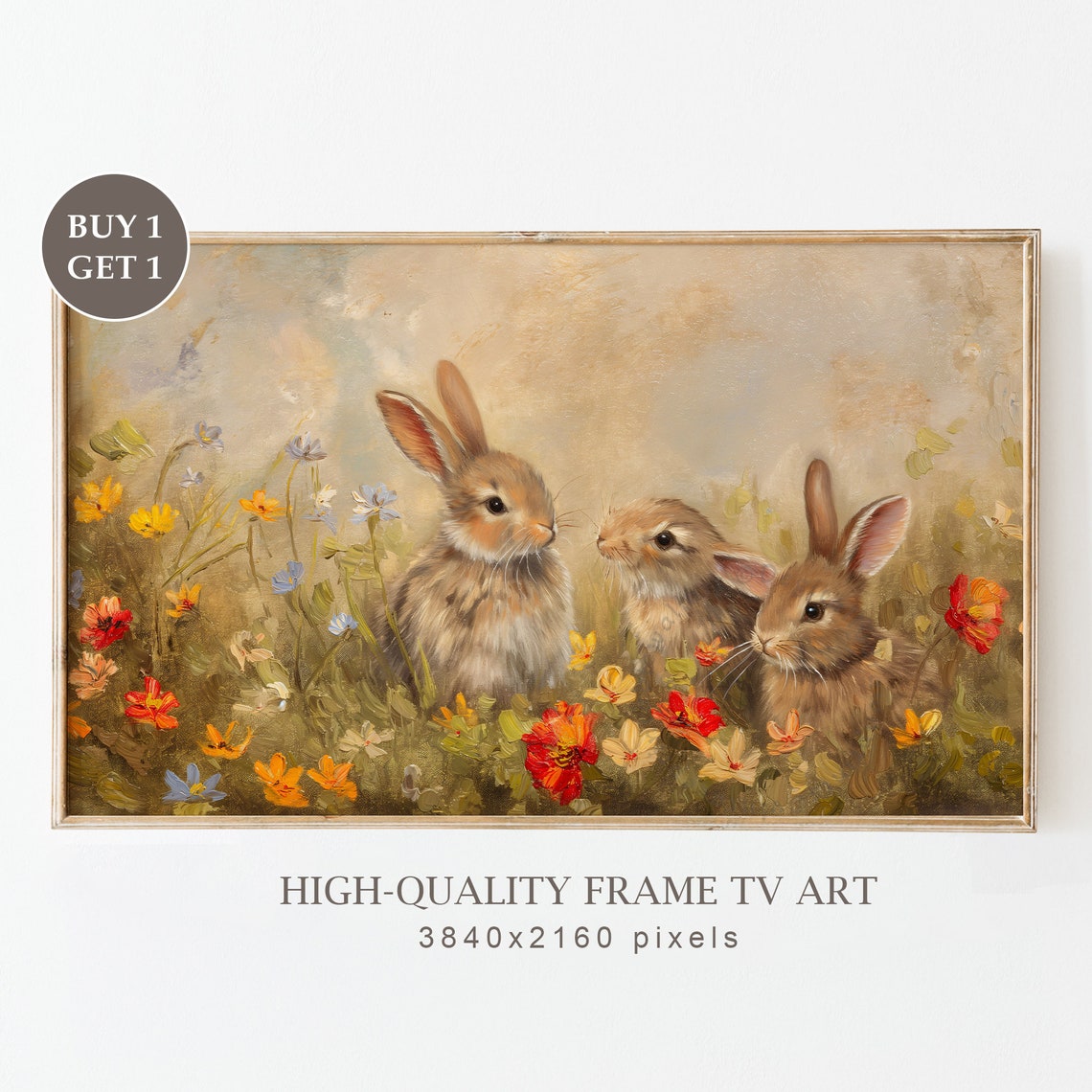 Three Baby Bunnies in Colorful Spring Wildflower Field Wall Art
