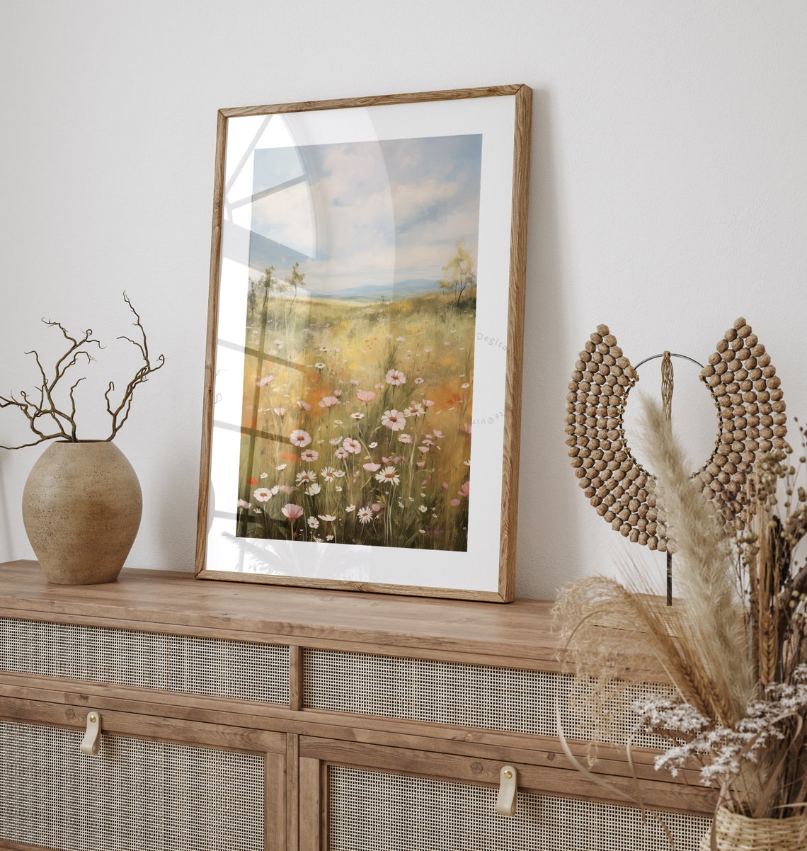 Pink White Cosmos Meadow Distant Hills Blue Sky Vintage Oil Print - Image 2