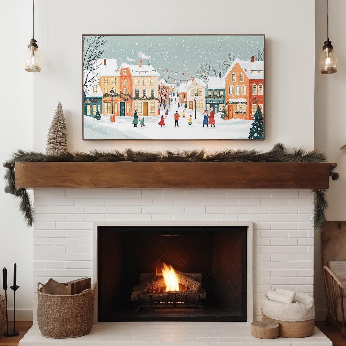 Snowy Village Frame Tv Art Cozy Neutral Christmas Landscape Tv Art Pink Christmas Farmhouse Decor Winter Holiday Art - Image 3
