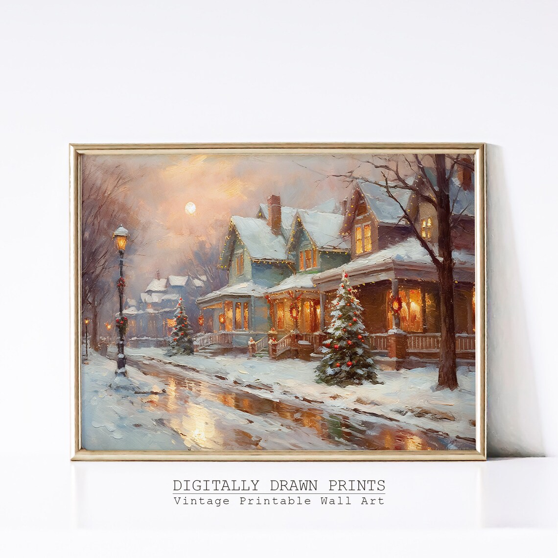 Christmas City Street Oil Painting Art Print