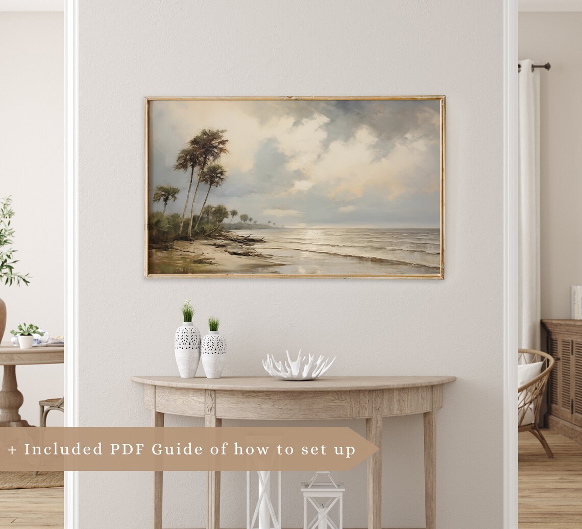 Moody Palm Tree Beach Overcast Vintage Coastal Seascape Gray Sky Poster - Image 2