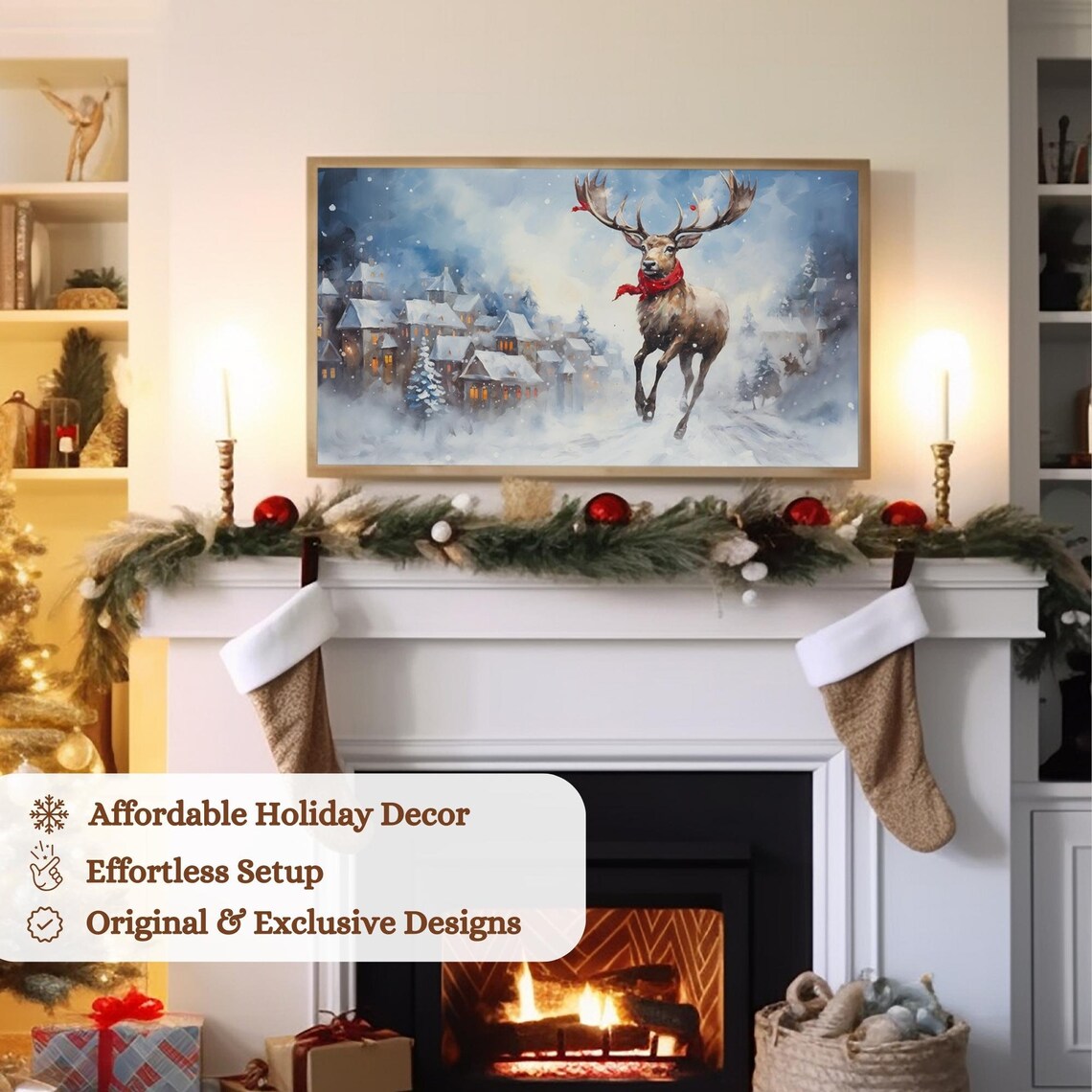 Reindeer With Red Scarf Snowy Village Winter Holiday Art Poster - Image 3