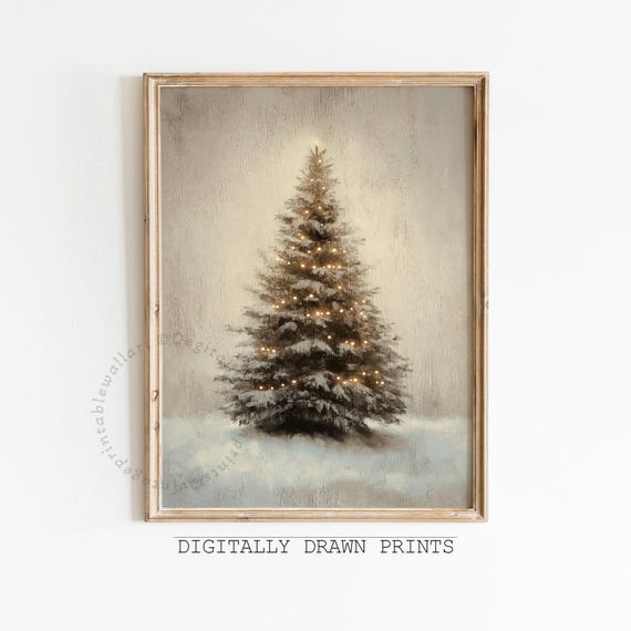 Vintage Christmas Tree Holiday Painting, Neutral Decor