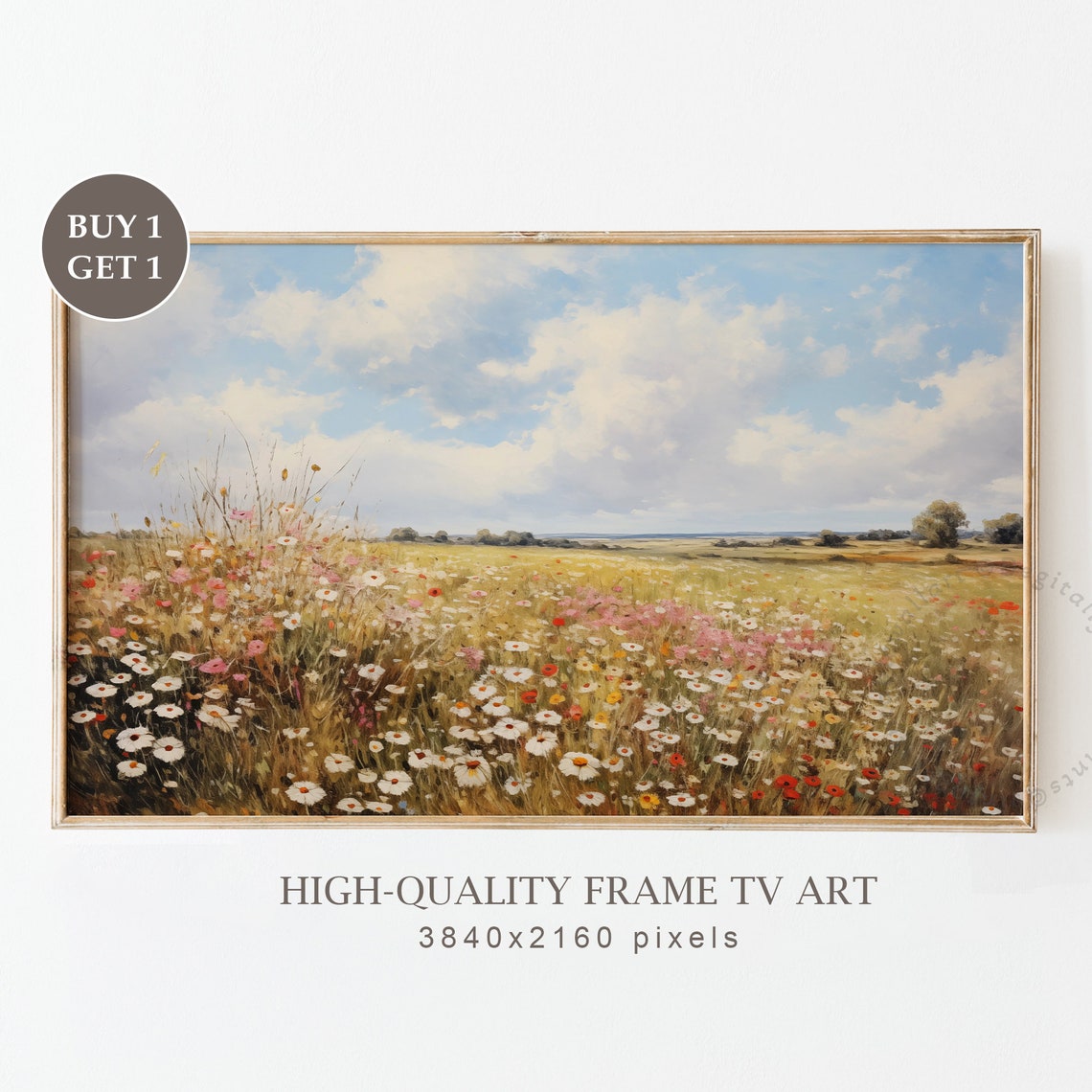 Vast Wildflower Field Under Cloudy Sky Distant Trees Wall Art