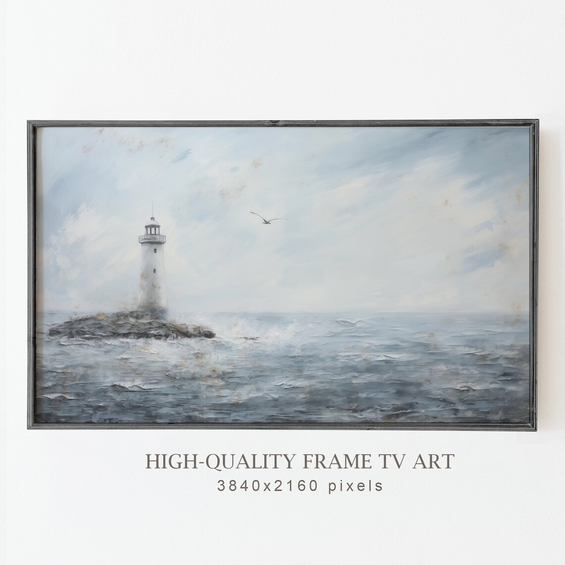 Moody Lighthouse Rocky Coast Seagull Gray Seascape Vintage Oil Painting Poster - Image 5