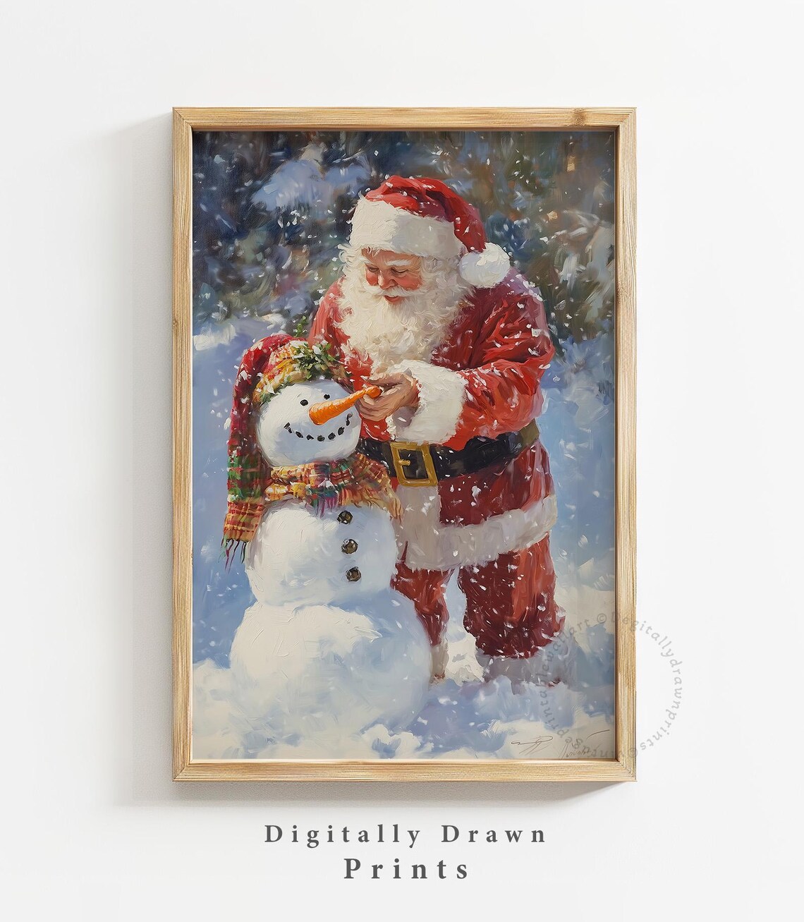 Santa Claus Building Snowman Vintage Christmas Art Print