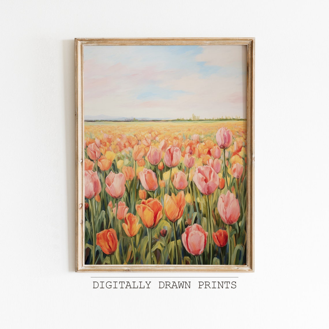 Pink and Orange Tulip Field Under Pastel Sky Spring Art Print