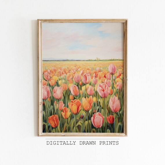 Pink and Orange Tulip Field Under Pastel Sky Spring Art Print