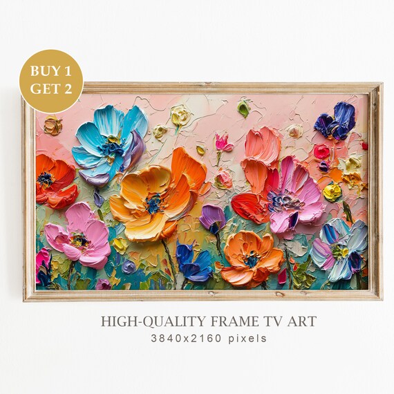 Bold Impasto Wildflowers Colorful 3D Floral Frame TV Art Print Vibrant Decor