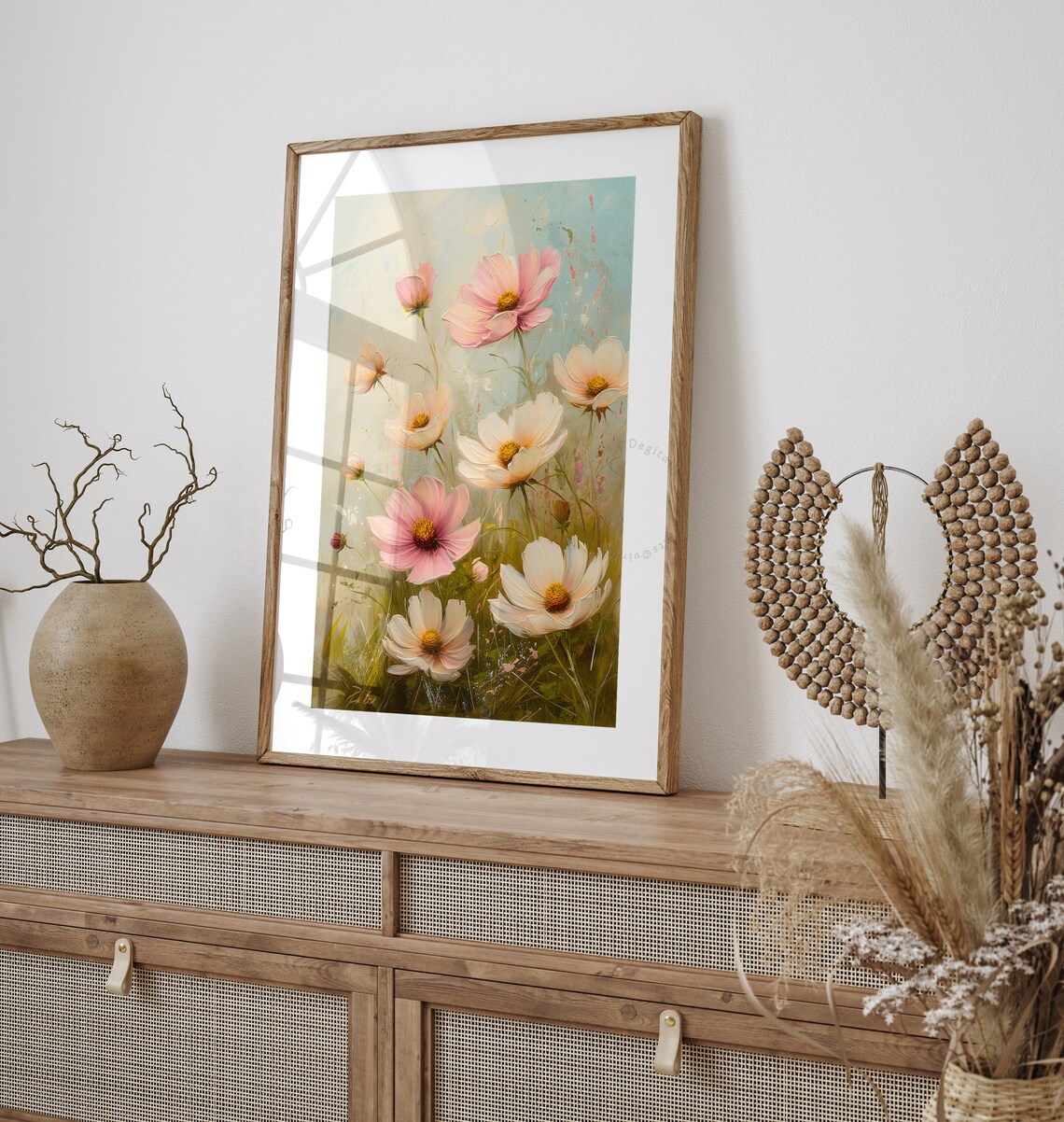 Pink White Cosmos Flowers Soft Blue Vintage Botanical Oil Print - Image 3