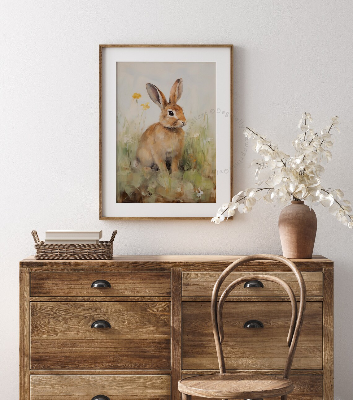Brown Bunny Misty Green Meadow Yellow Flowers Vintage Oil Print - Image 2