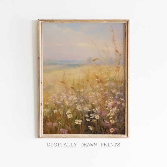 Sunlit Wildflower Meadow Daisies Spring Landscape Golden Art Print