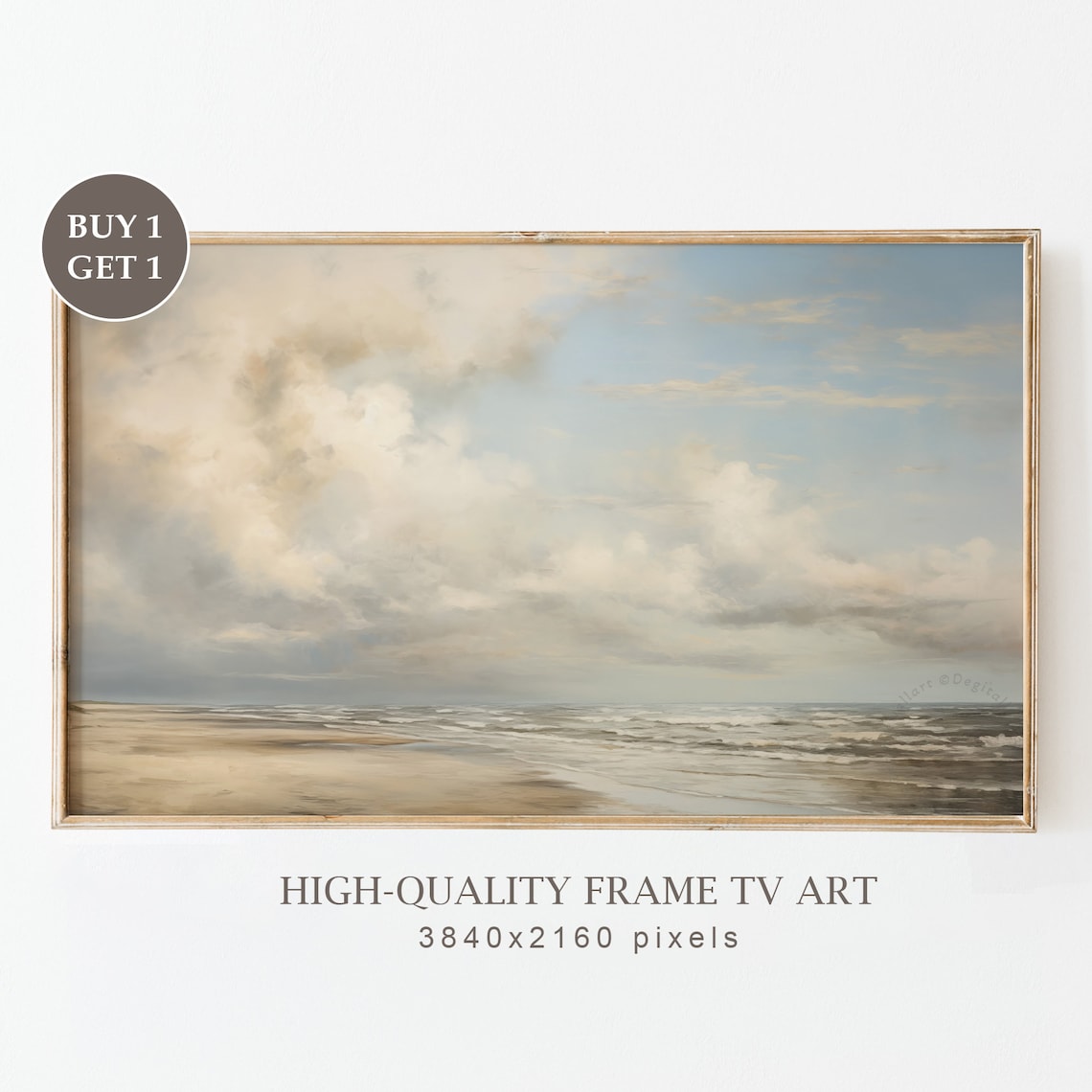 Cloudy Sky Calm Beach Muted Neutral Vintage Coastal Seascape Art Poster