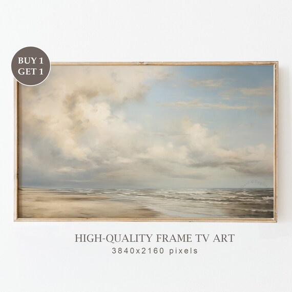 Cloudy Sky Calm Beach Muted Neutral Vintage Coastal Seascape Art Poster