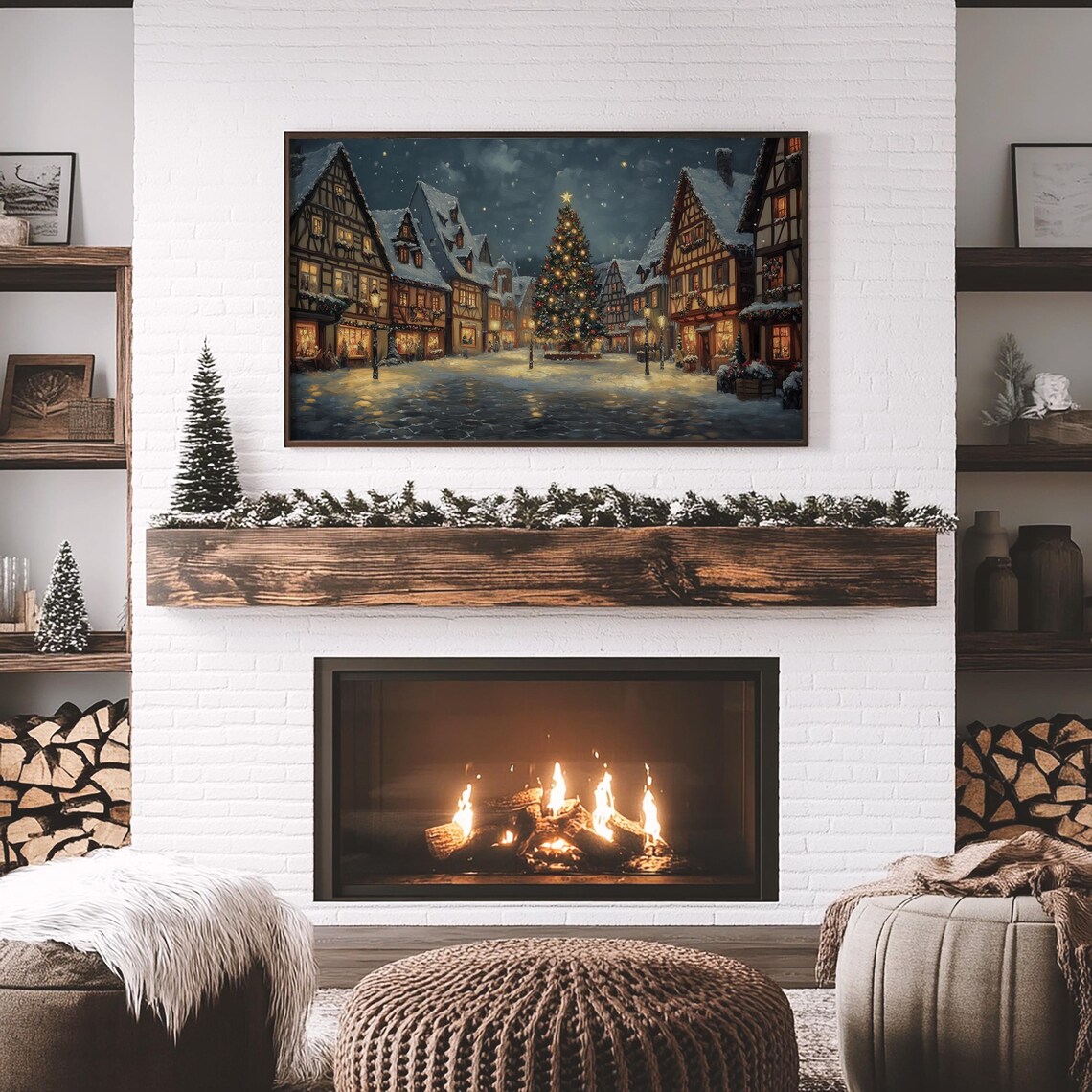 Snowy European Old Town Christmas Tree Night Vintage Holiday Poster - Image 5