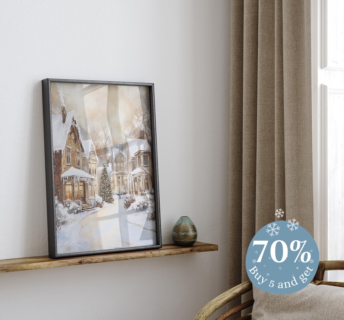 Winter Village Art Print, Neutral Farmhouse Holiday Decor - Image 2
