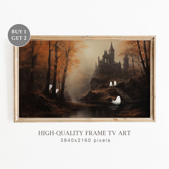 Frame Tv Art Halloween Haunted Castle Cute Ghosts In Vintage Oil Painting Rustic Muted Neutral Tv Art