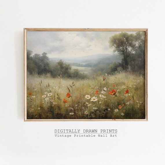 Moody Spring Wildflower Field Landscape Painting Spring Print Vintage Farmhouse Print Moody Spring Wall Art