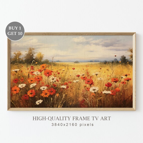 Autumn Meadow Red Orange White Wildflowers Cloudy Sky Vintage Poster