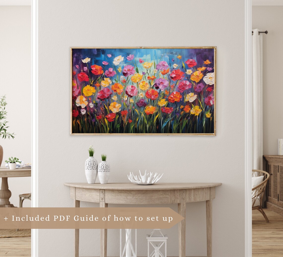 Bold Impasto Wildflowers Deep Blue Moody Textured Floral Oil Painting Poster - Image 3