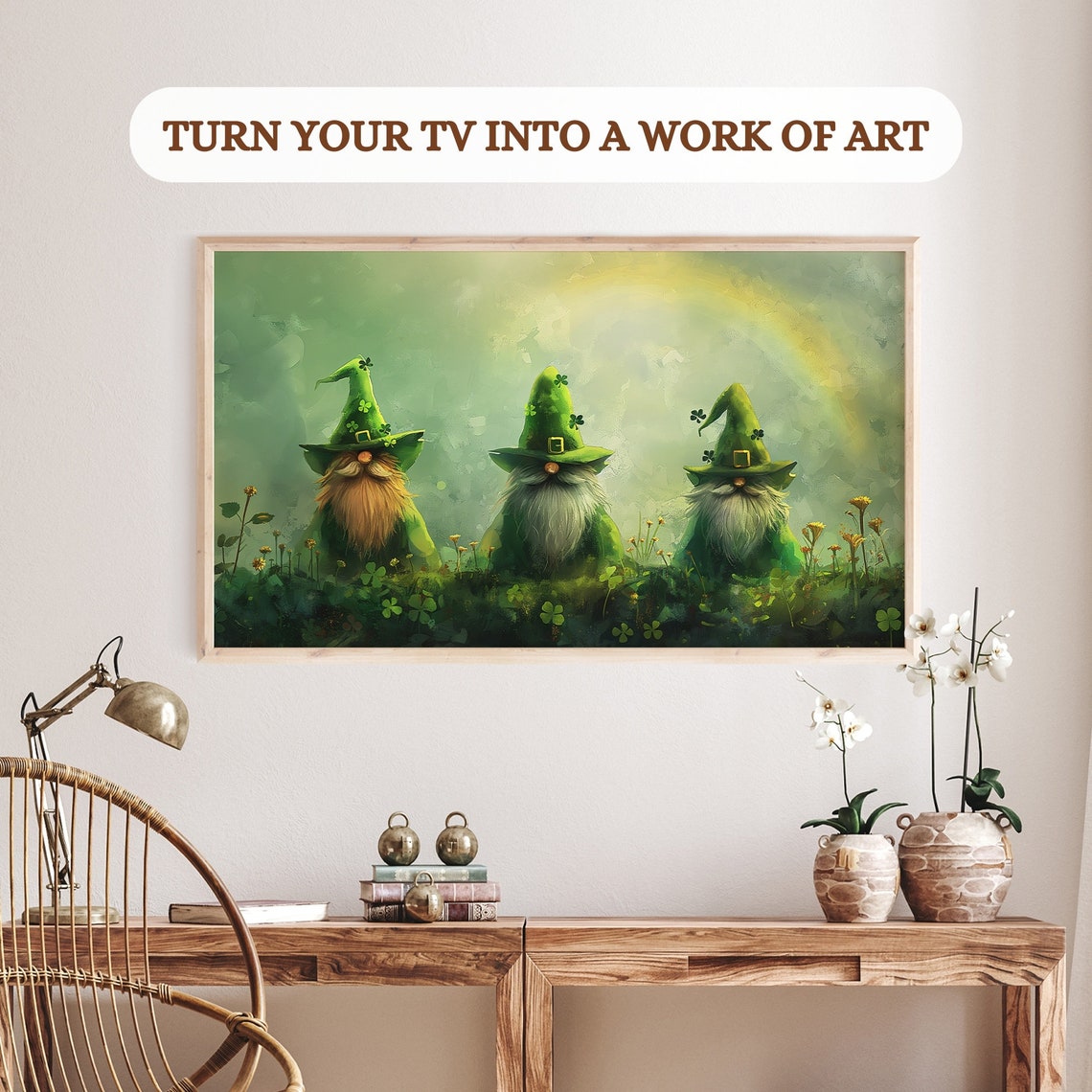 Three Leprechaun Gnomes Green Hats Rainbow Field St Patricks Poster - Image 3