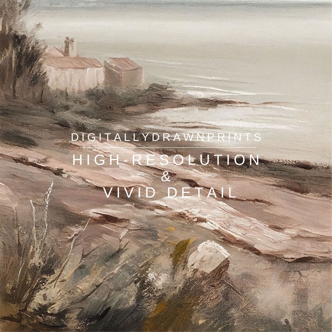 Moody Coastal Cottage Oil Painting Misty Beach Neutral Seascape Wall Art - Image 2