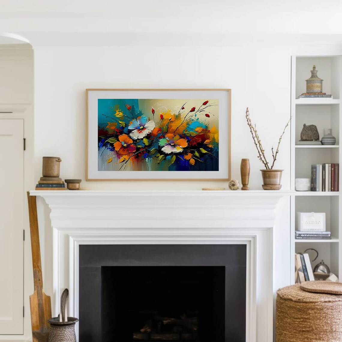Colorful Abstract Bouquet Palette Knife Flowers Teal Art Print - Image 3