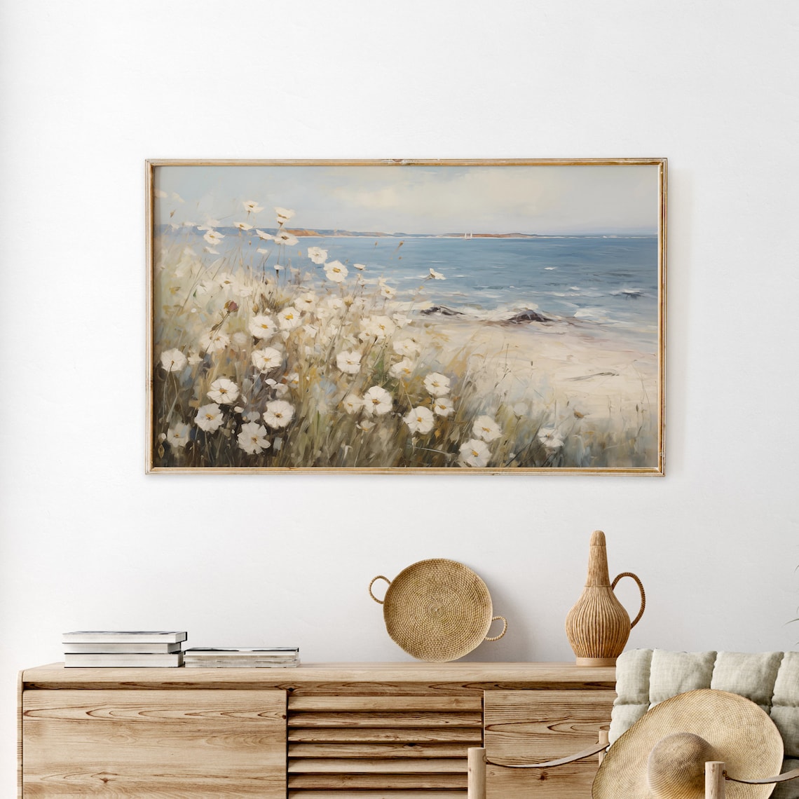 White Seaside Wildflowers Ocean Cliff Shore Neutral Vintage Scenery Poster - Image 2
