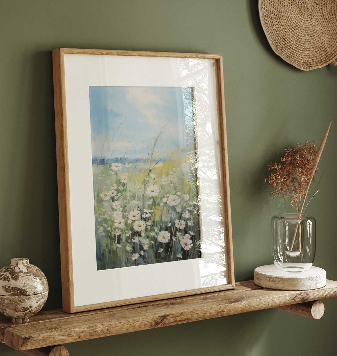 White Daisy Meadow Tall Grasses Pale Blue Sky Vintage Art Print - Image 3