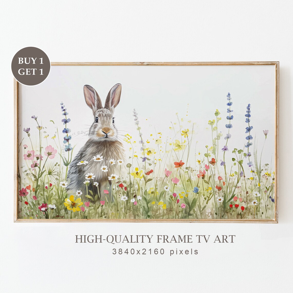 Watercolor Bunny In Spring Wildflower Meadow Cute Easter Rabbit Wall Art