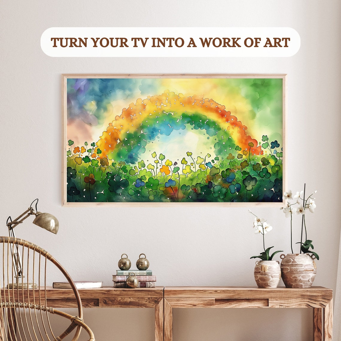 Flower Rainbow Arch Over Clover Field Watercolor St Patricks TV Poster - Image 3