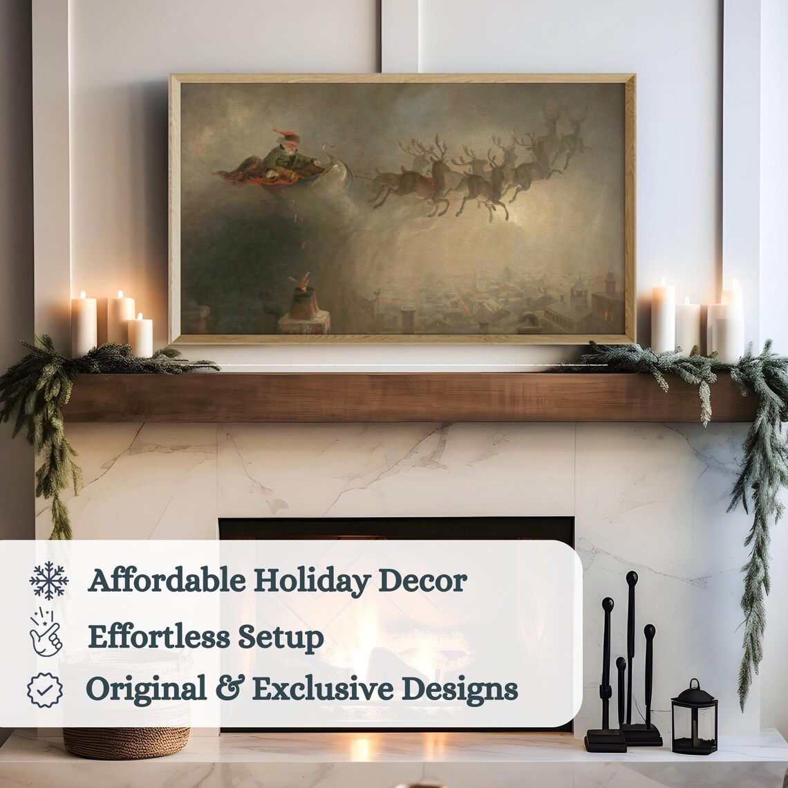 Vintage Christmas Santa Sleigh Reindeer Art Print - Image 3