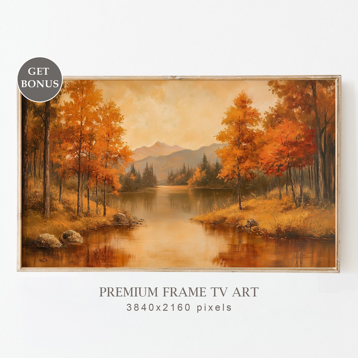 Golden Autumn Riverside Mountains Warm Light Mirror Reflections Poster