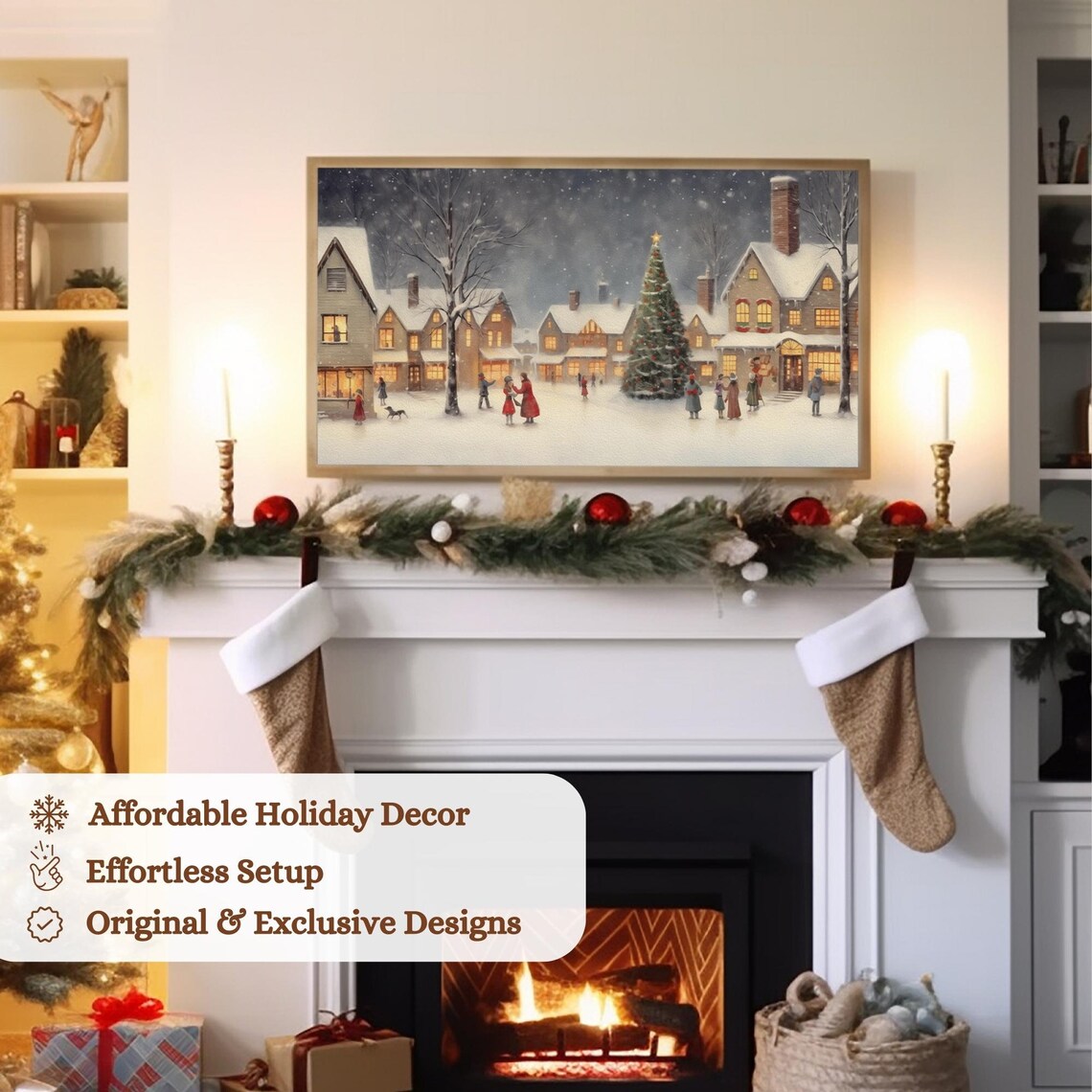 Snowy Village At Night Christmas Tree Snowy Square Scene Art Poster - Image 3