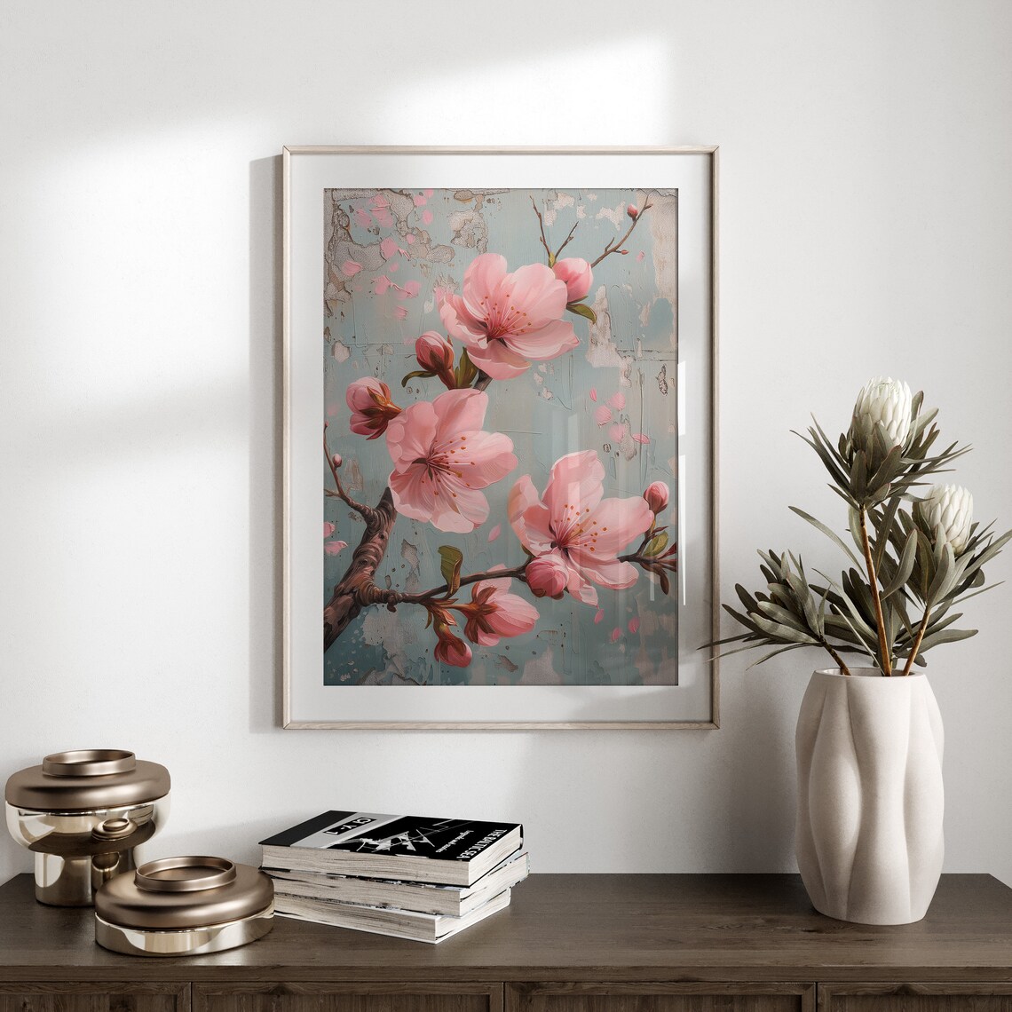 Pink Cherry Blossom Branch Distressed Blue Vintage Floral Oil Painting Art - Image 3