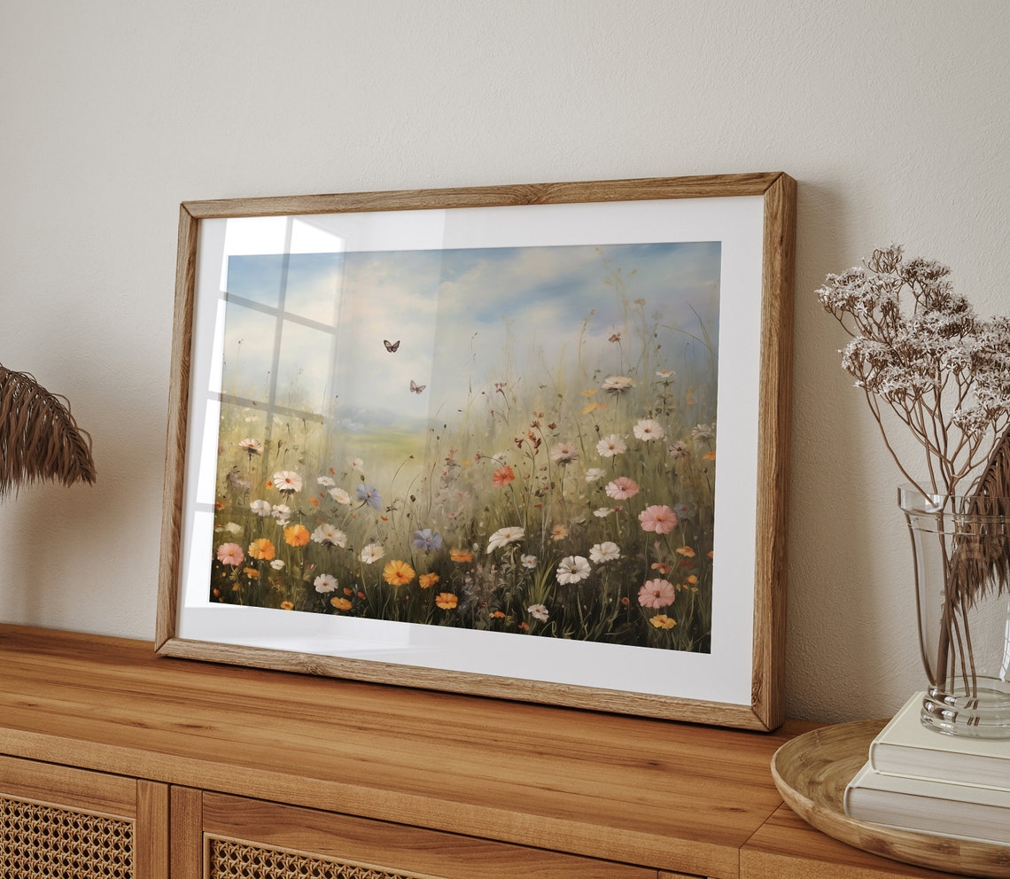 Wildflower Meadow with Butterflies Vintage Landscape Wall Art - Image 4